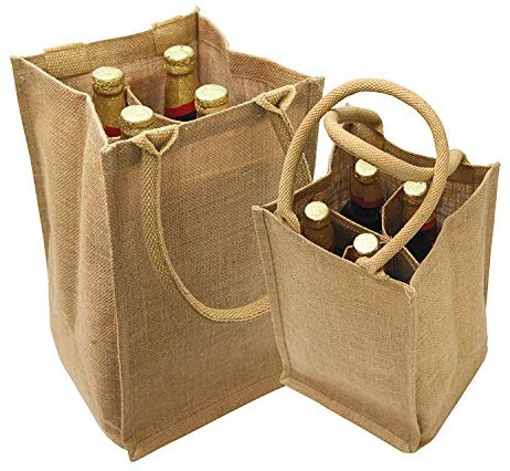 (4 Bottles) Natural Jute Wine Tote With Dividers