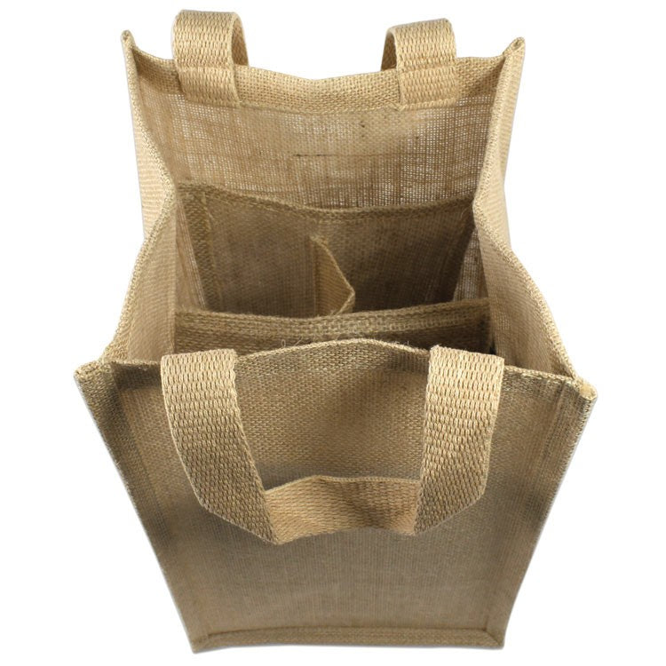 (4 Bottles) Natural Jute Wine Tote With Dividers