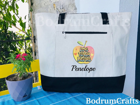 Personalized Teacher Canvas Tote Bag, Custom Appreciation Gift