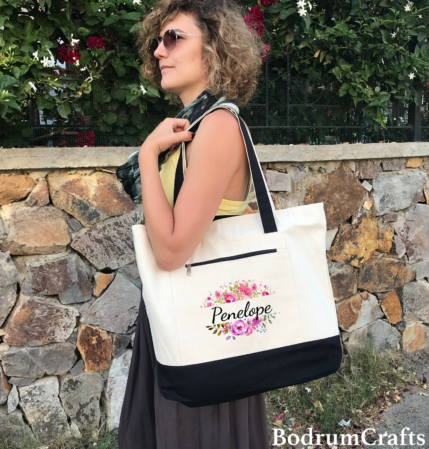 Canvas Floral Tote Bags with Zipper, Large Designer Printed Tote Bags