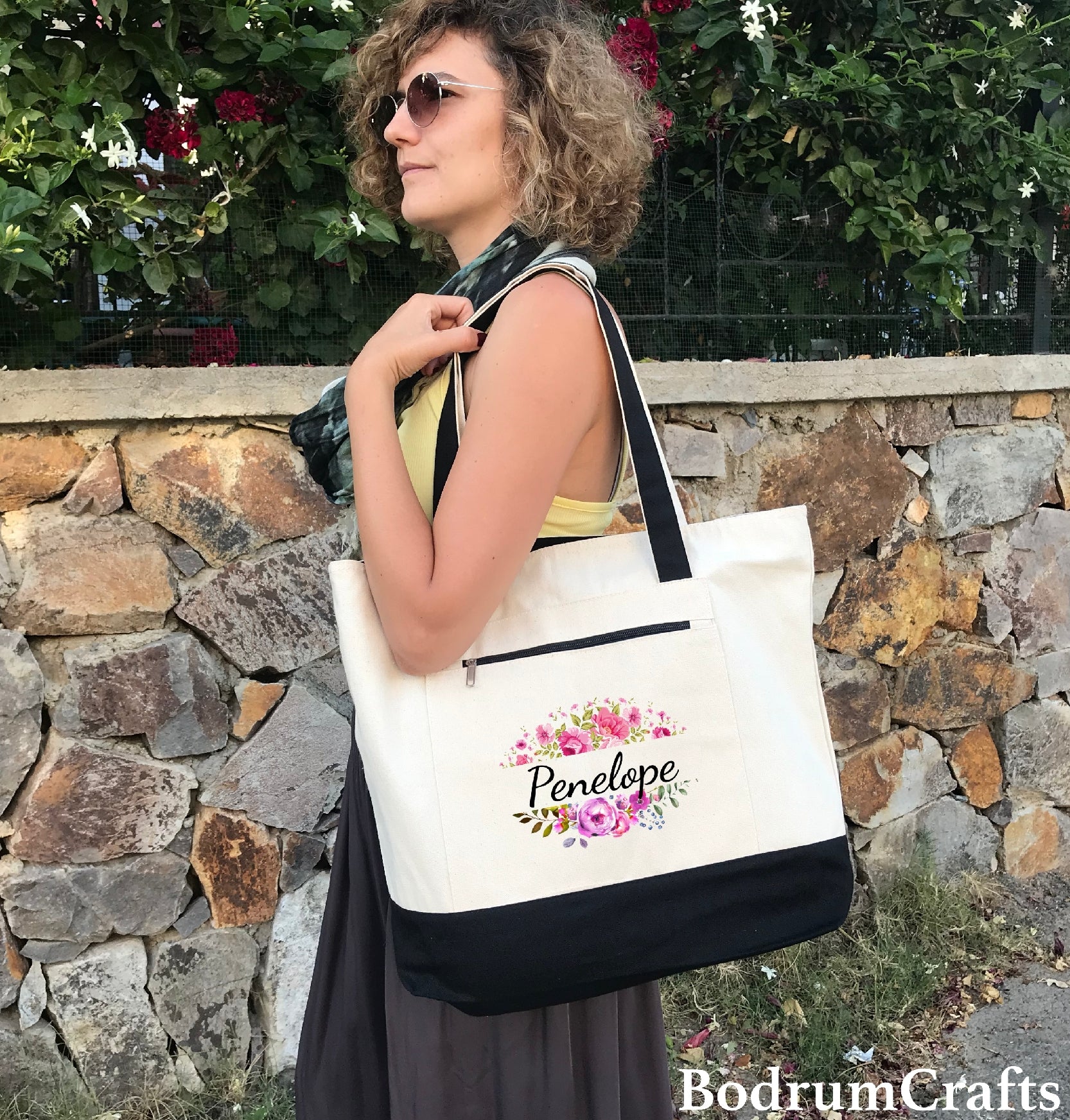 Canvas Floral Tote Bags with Zipper, Large Designer Printed Tote Bags
