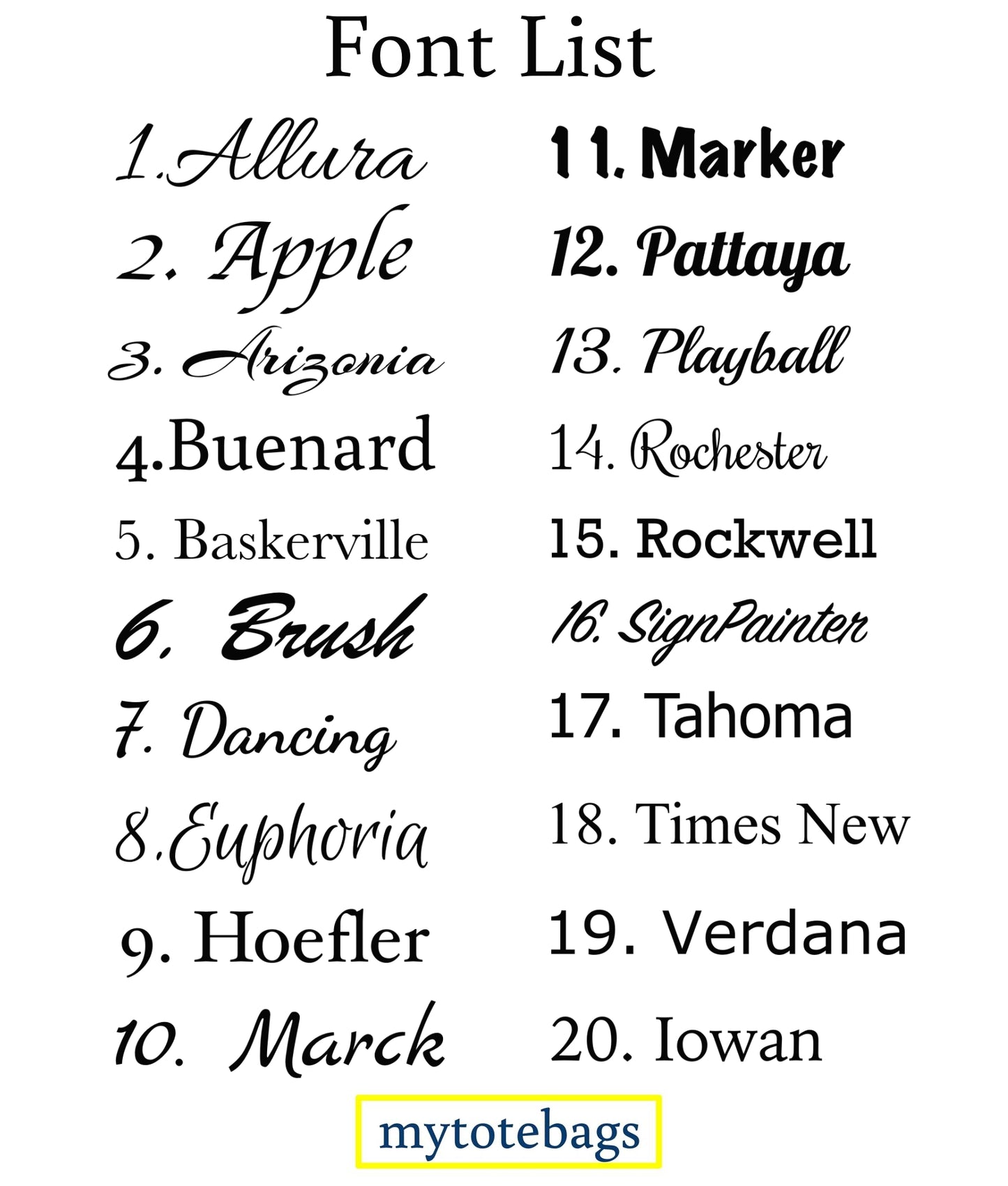 Mytotebags Font Lists