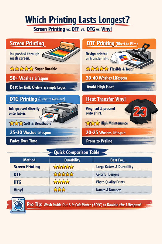 Which Printing Lasts Longest? (Screen Printing vs. DTF vs. DTG vs. Vinyl)