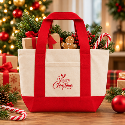 Festive Small Canvas Christmas Gift Bag – Reusable Holiday Treat & Favor Pouch
