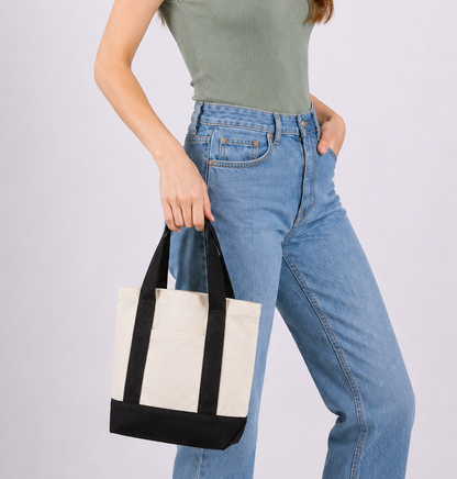 Mini size canvas tote bags used as elegant gift bags for wholesale and custom logo printed events