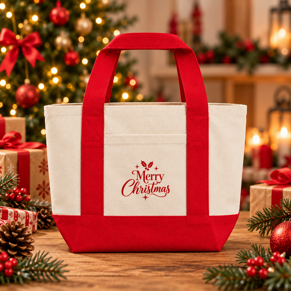 Small reusable canvas Christmas gift bags displayed for holiday parties, corporate gifts, and Christmas favors.
