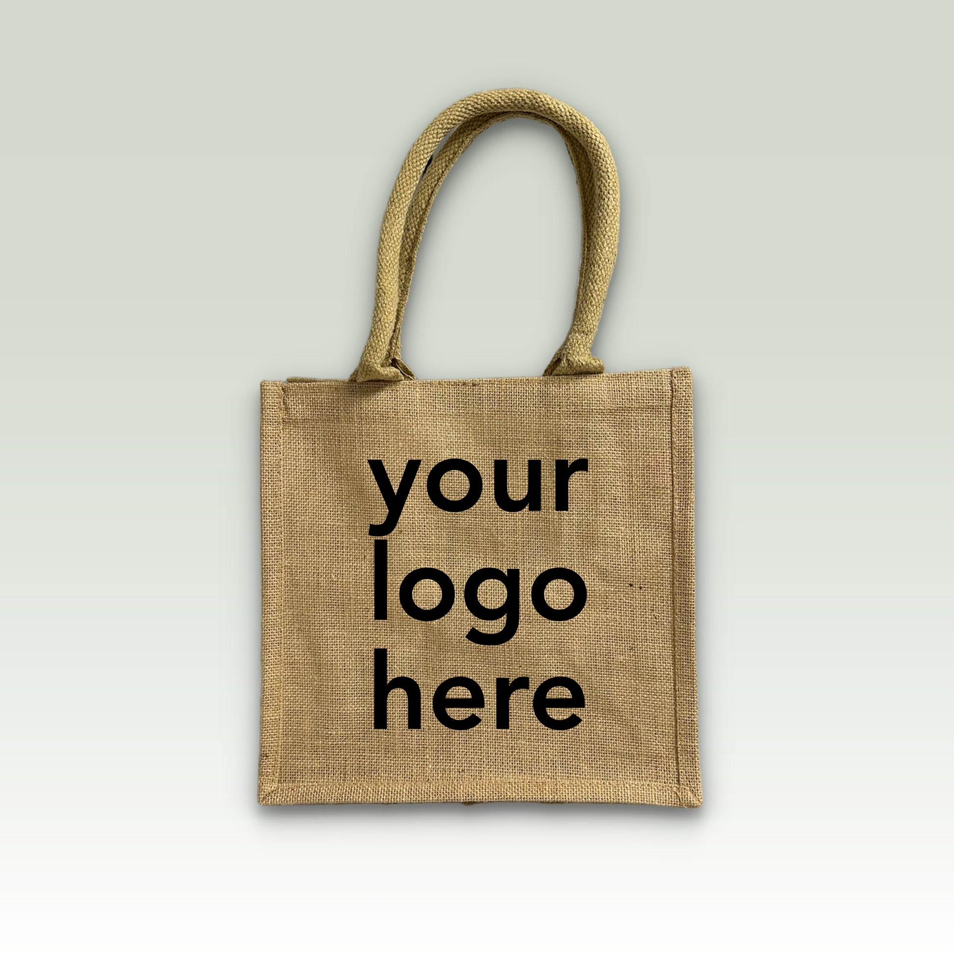 A beige jute tote bag with the placeholder text 'your logo here' printed on the front.