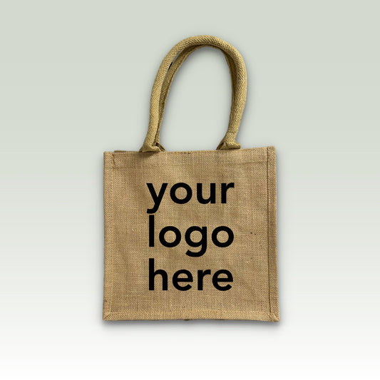 A beige jute tote bag with the placeholder text 'your logo here' printed on the front.