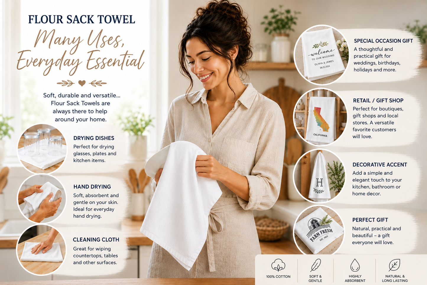 Personalized Flour Sack Tea Towels | Custom Logo Kitchen Towel | Bulk Wholesale