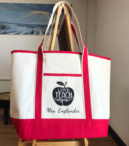 Personalized teacher tote bag with custom print design
