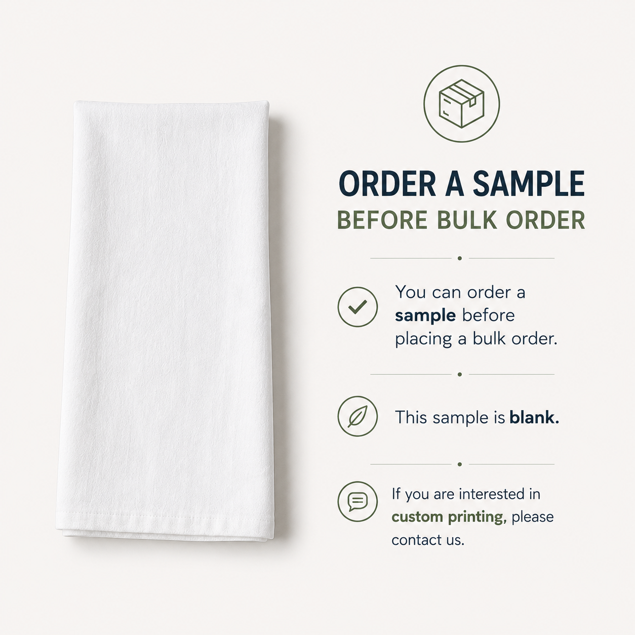 Blank flour sack towel sample for custom printing, wholesale cotton kitchen towel, order a sample before bulk purchase, custom printed flour sack towels available