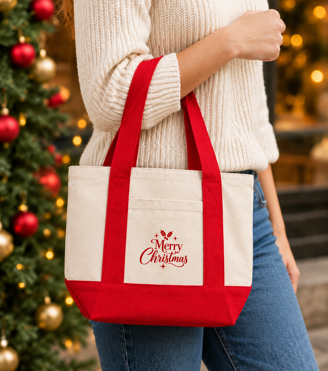 Small canvas Christmas gift bag with festive holiday design, ideal for Christmas gifts and party favors.