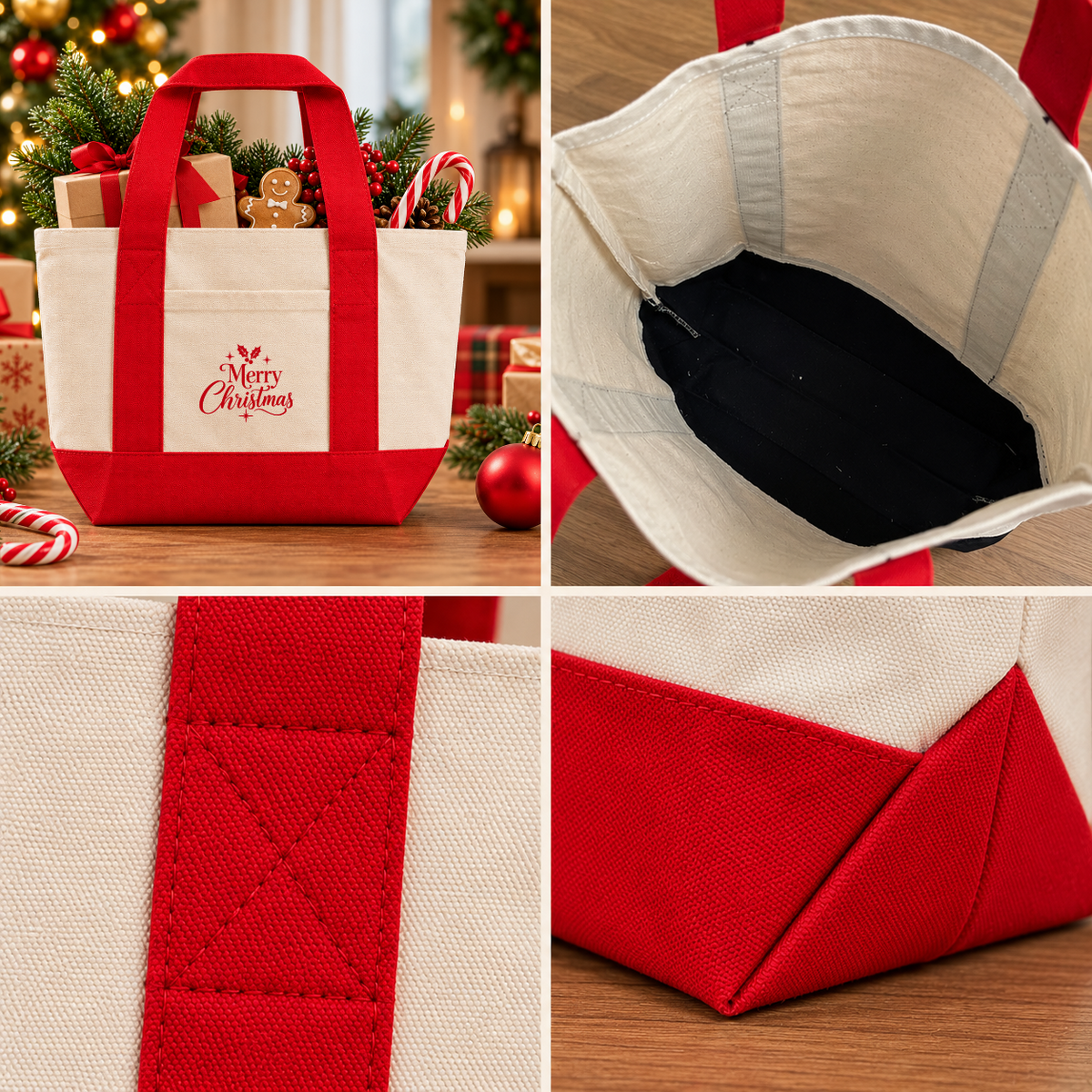 Small canvas tote bag filled with wrapped Christmas gifts, perfect for holiday gift giving and party favors.
