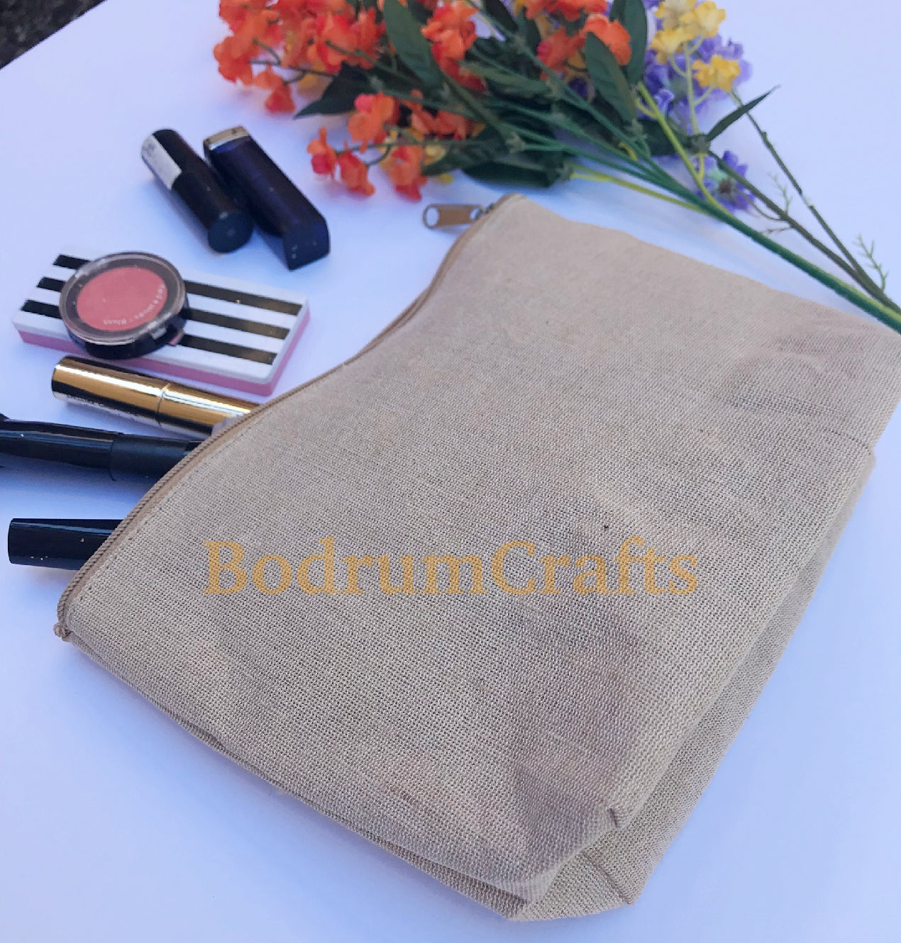 8" Jute Fabric Zippered Pouch Bags with Gusset, Cosmetic Makeup Bags Wholesale Bulk