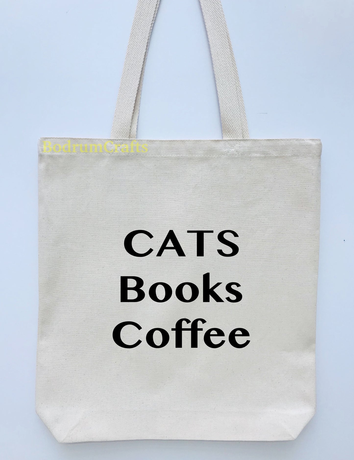 Coffee Design Printed Canvas Tote Bag, "Cats, Books, Coffee" BodrumCrafts