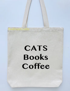 Coffee Design Printed Canvas Tote Bag, "Cats, Books, Coffee" BodrumCrafts