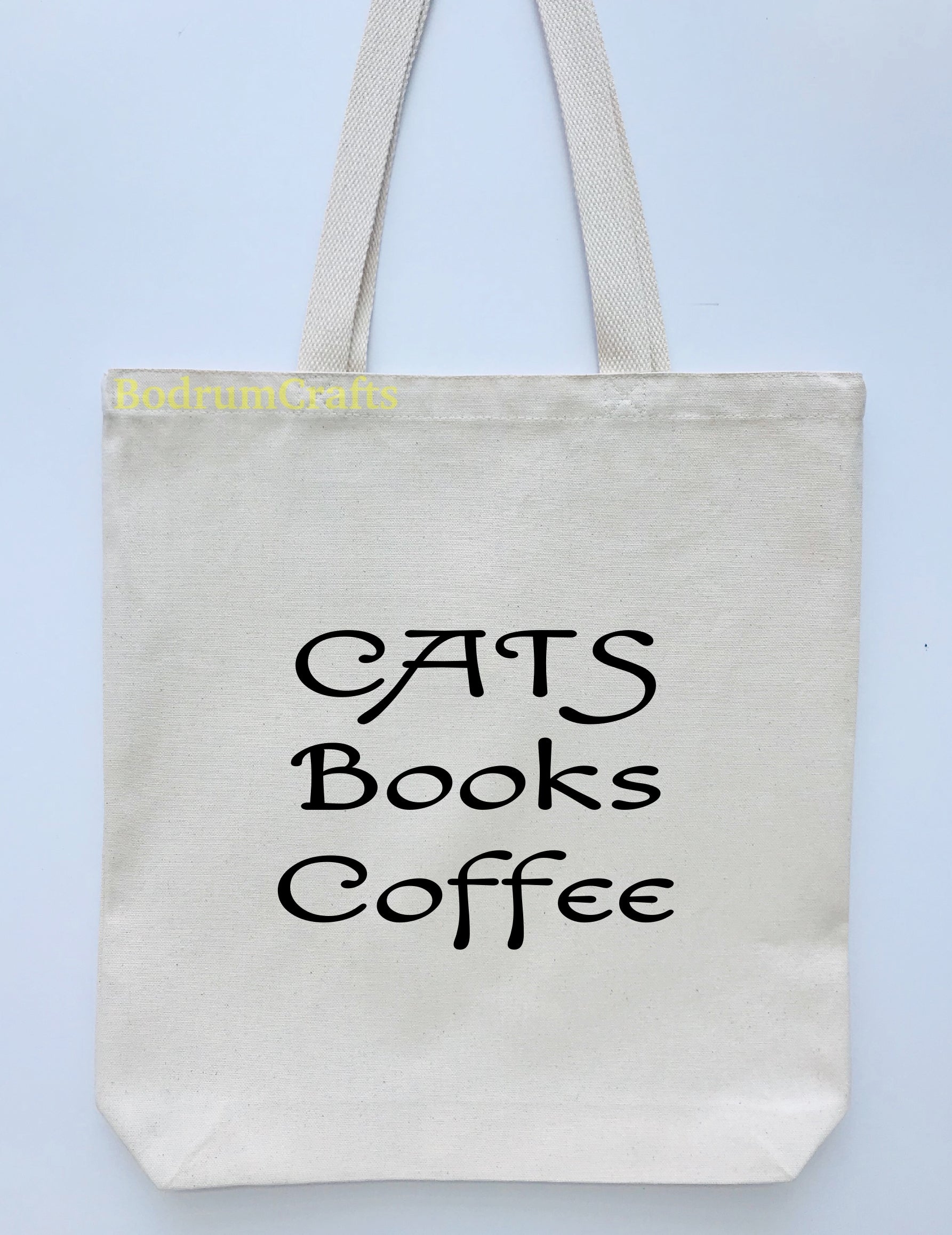 Coffee Design Printed Canvas Tote Bag, "Cats, Books, Coffee"