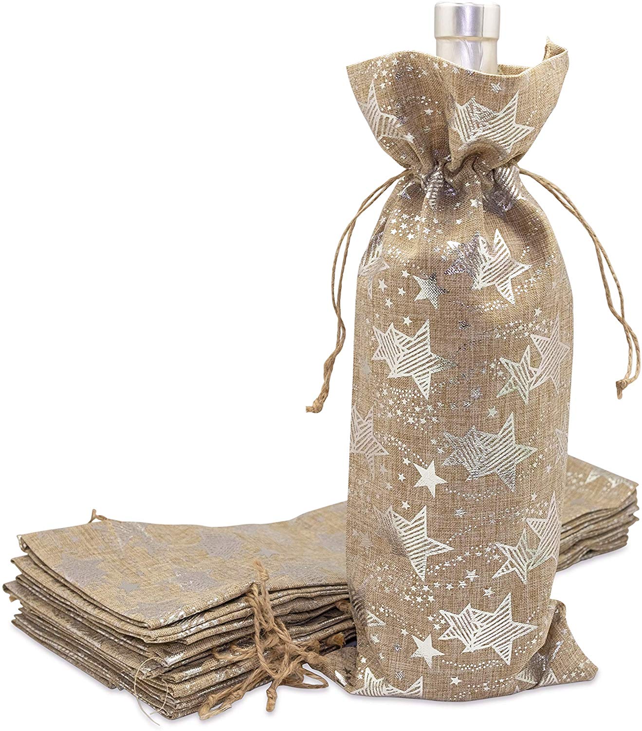 Burlap Jute Wine Bags, Christmas Gifts, Silver Color, 12 Pack