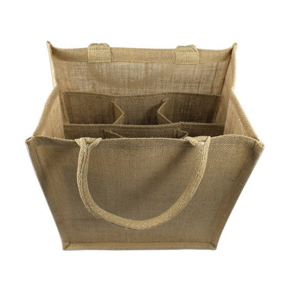 (6 Bottles) Natural Jute Wine Tote With Dividers