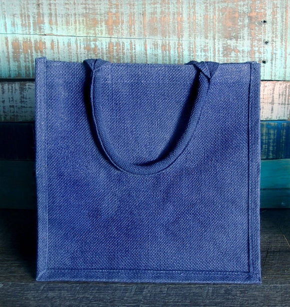 Medium Size Burlap Jute Tote Bags, Natural Deluxe Totes, Blue Color BBM01 wholesale