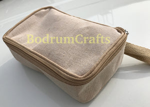 Canvas and Jute Travel Kit Bag Dopp Kit, Cosmetic Makeup Zippered Bags Wholesale Bulk