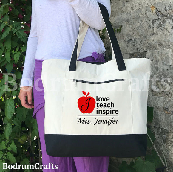Teacher Canvas Tote Bags, Personalized Custom Teacher Totes, Teacher Gift, Book Bag, Best Teacher Ever