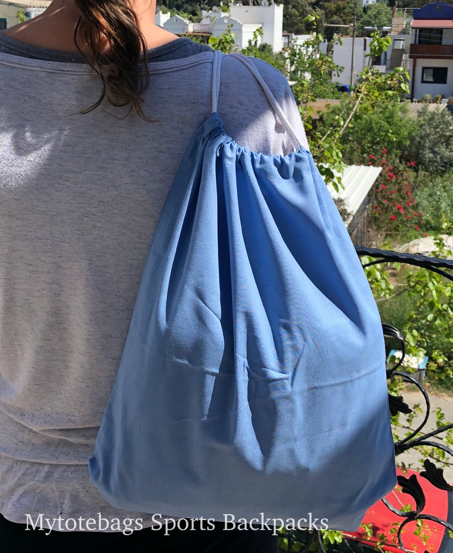 wholesale Canvas Cotton Drawstring Backpacks Tote Bags royal blue