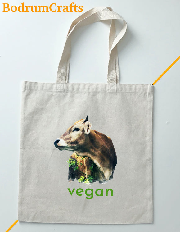 Vegan Canvas Tote Bags Art, Custom Gifts Totes for Women, Vegan Vibes Design Print Bag Gifts, Green Life, Save Cows and Earth, Plastic Free