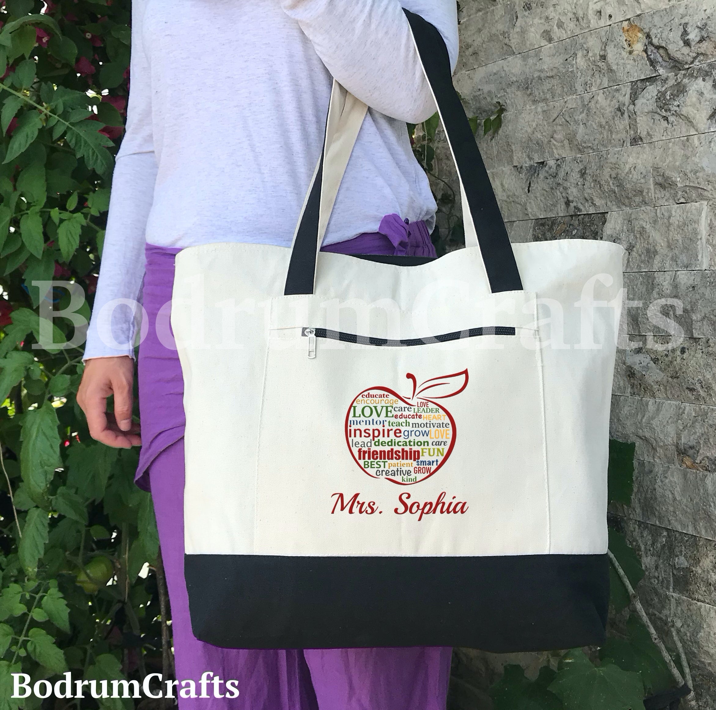 Personalized Teacher Canvas Tote Bags Custom Appreciation Gift Totes BodrumCrafts