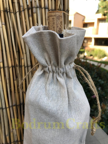 Wholesale Natural Linen Fabric Wine Gift Bags in Bulk, 12 Pack