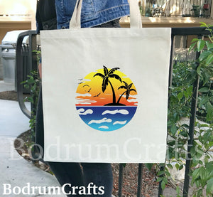 Palm Tree Island Canvas Tote Bags, Ocean Sea Design, Custom Gifts Totes for Women, Beautiful Tropical, Beach, Destination Wedding