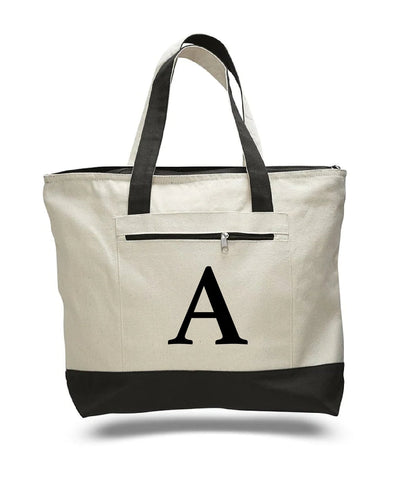 Monogrammed Canvas Tote Bags with Top Zipper