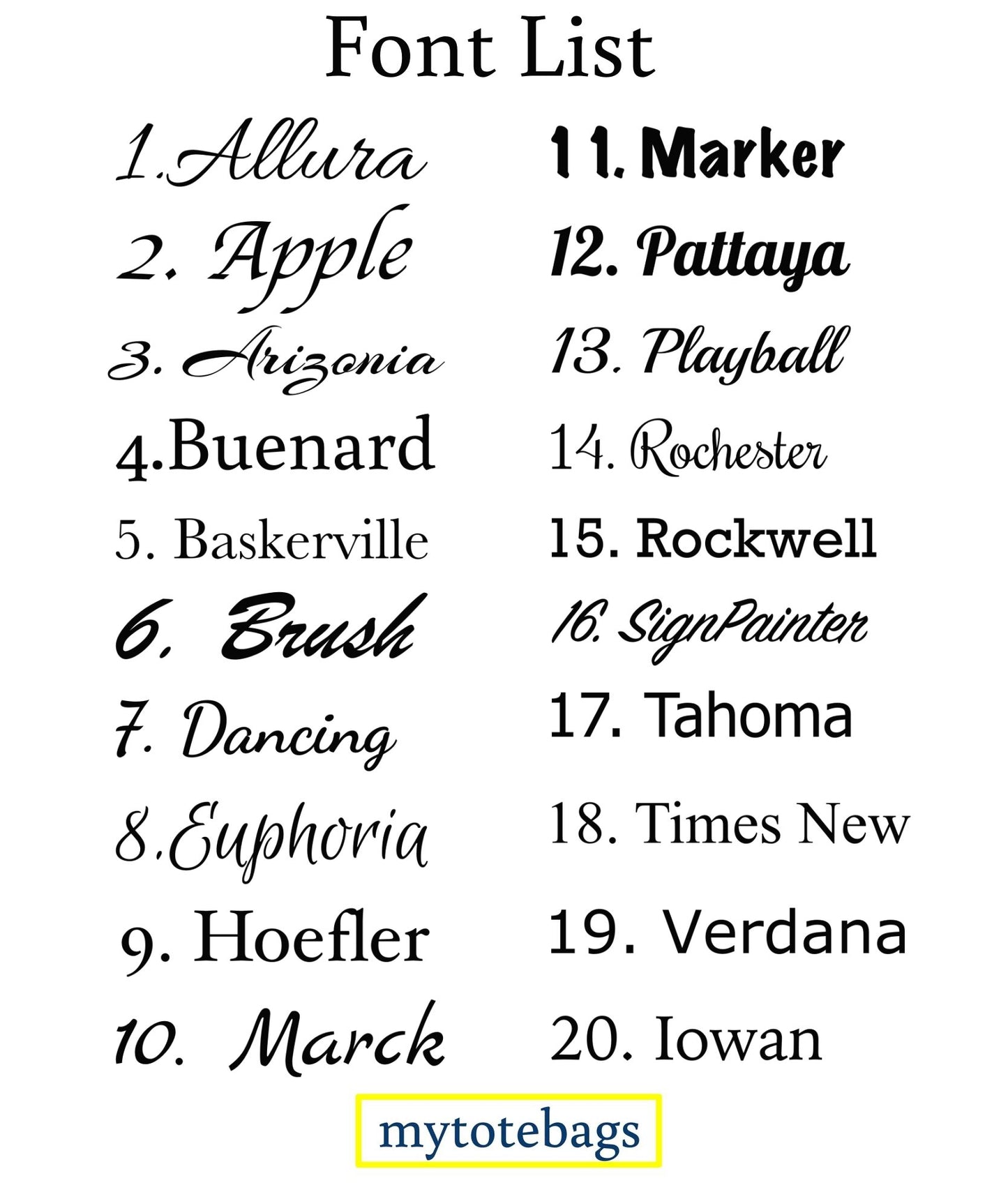Mytotebags Font Lists