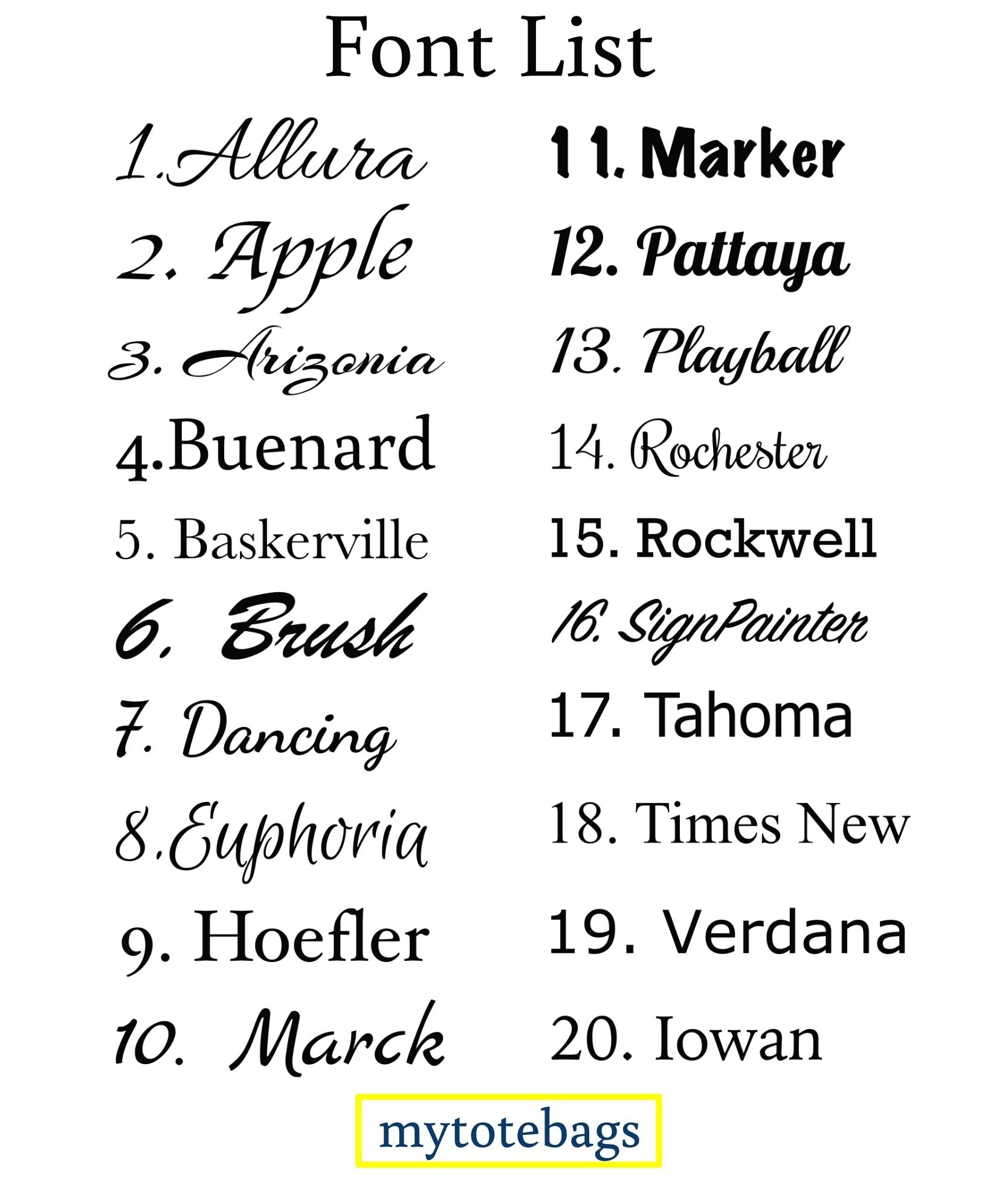 Mytotebags Font Lists