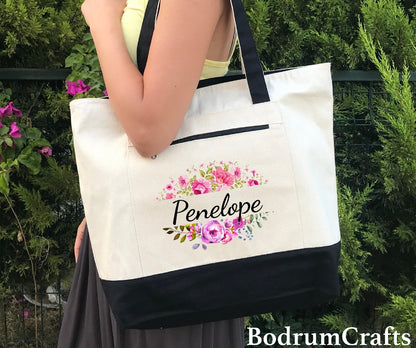 Canvas Floral Tote Bags with Zipper, Large Designer Printed Tote Bags