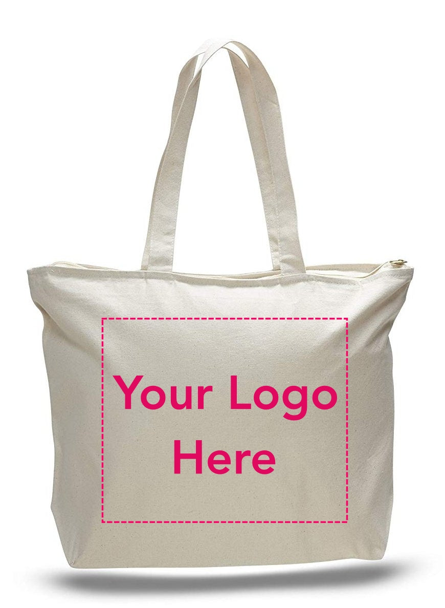Wholesale Large Canvas Tote Bags Top Zippered, Custom Screen Printed Bags Bulk