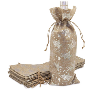 Burlap Jute Wine Bags, Christmas Gifts, Silver Color, 12 Pack